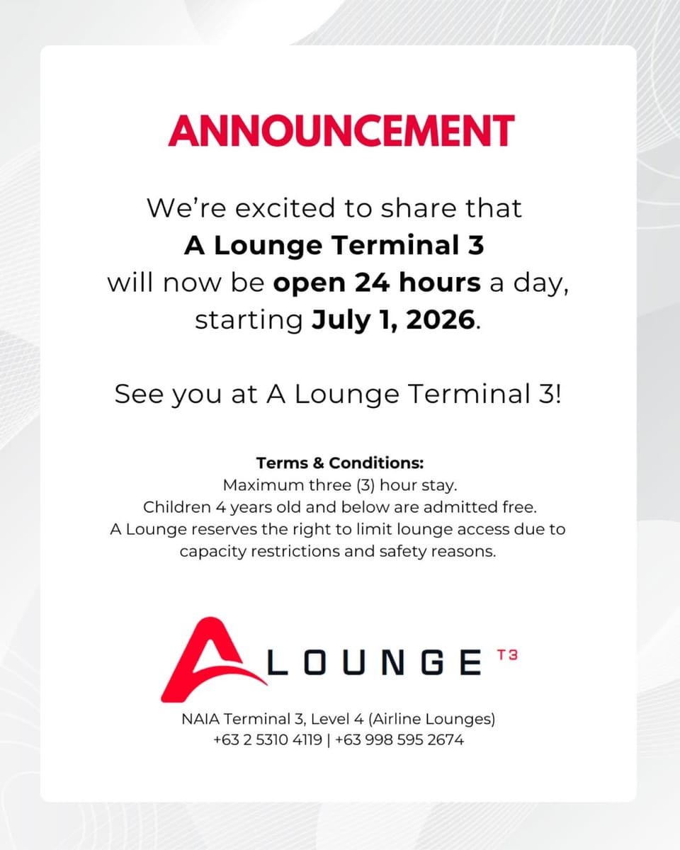 A Lounge NAIA Terminal 3 Operational Schedule